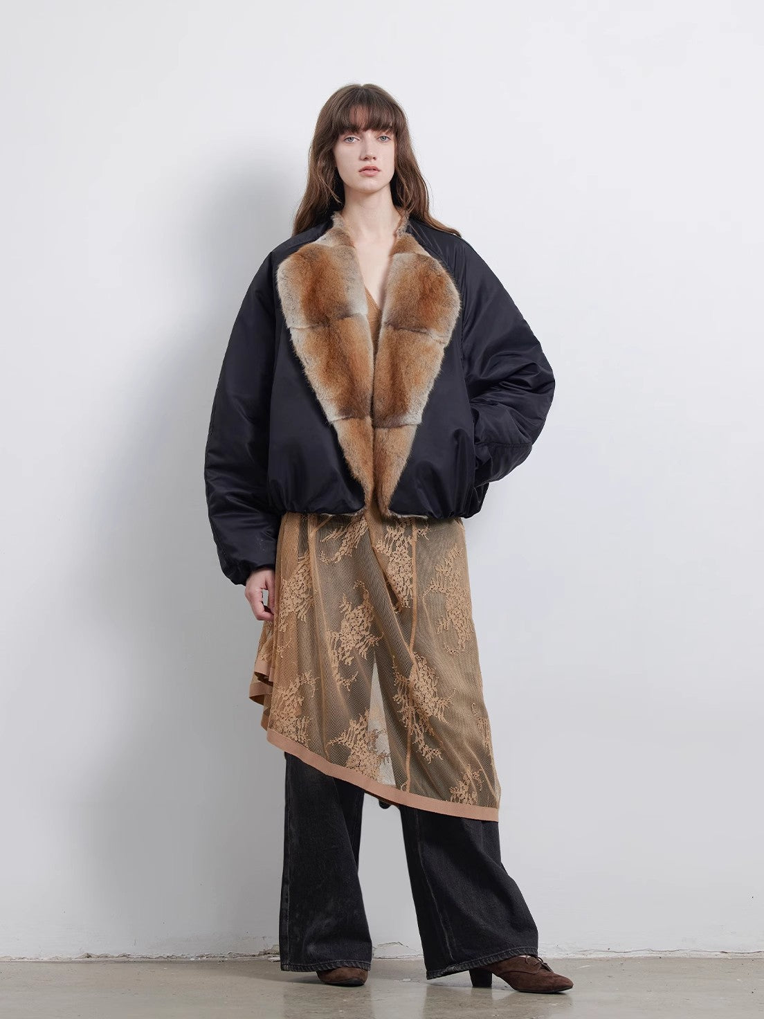 Hull Contract Colorblocked Fur Round Neck Short Parka Jacket