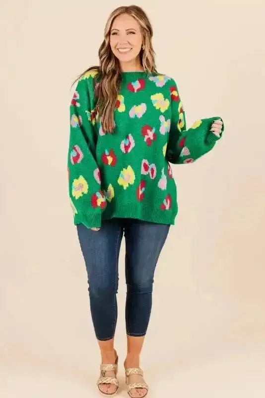 BlossomCurve Green Floral Plus Sweater
