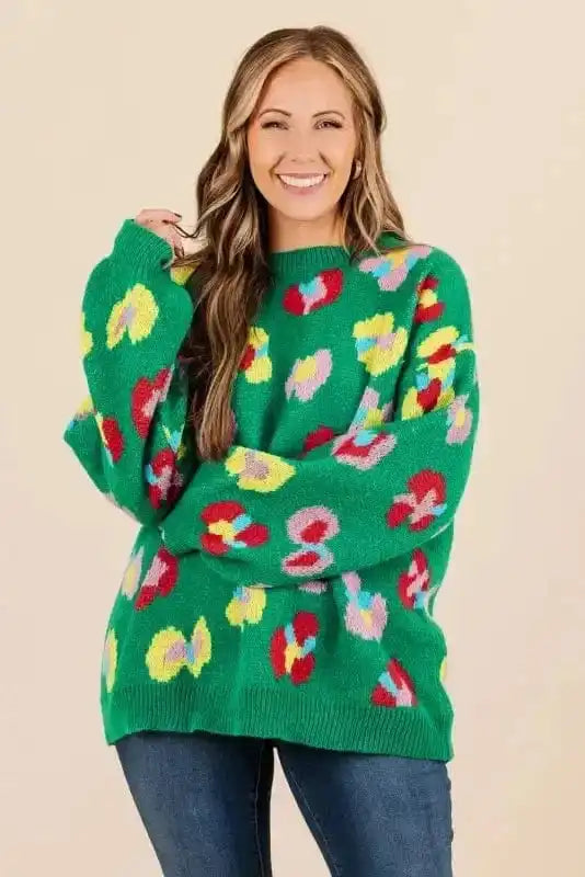 BlossomCurve Green Floral Plus Sweater