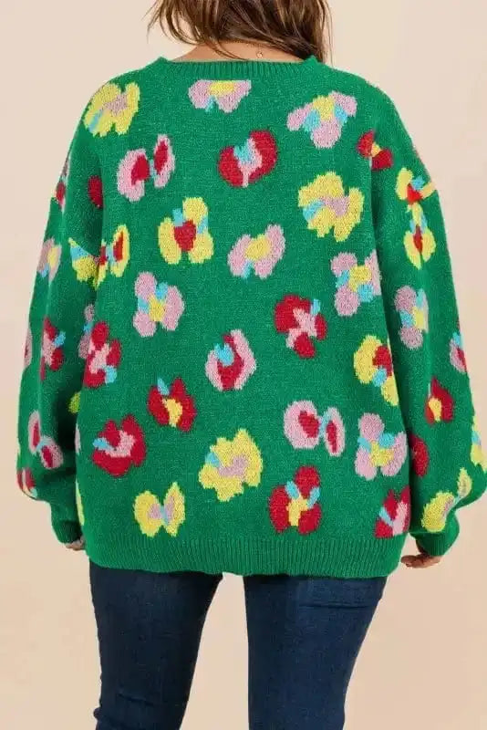 BlossomCurve Green Floral Plus Sweater