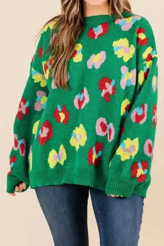 BlossomCurve Green Floral Plus Sweater