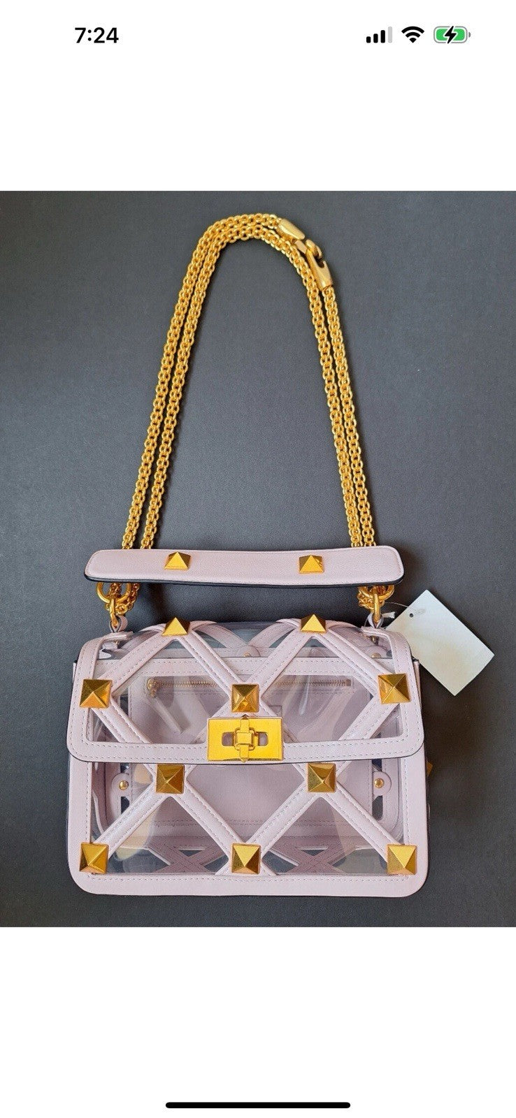 NEW $3650 Valentino Garavani Gold Roman Stud PVC Transparent Pink Handbag