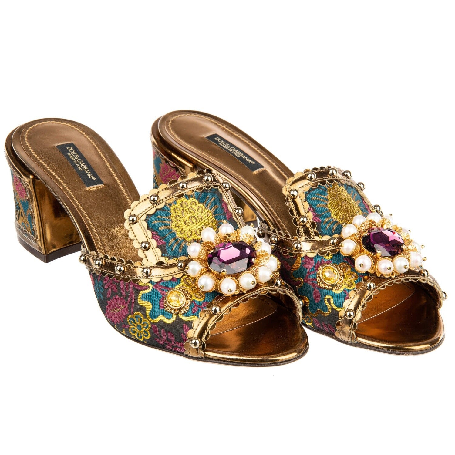 DOLCE & GABBANA Baroque Sandals Pumps KEIRA with Pearls Crystals Gold Blue 09384