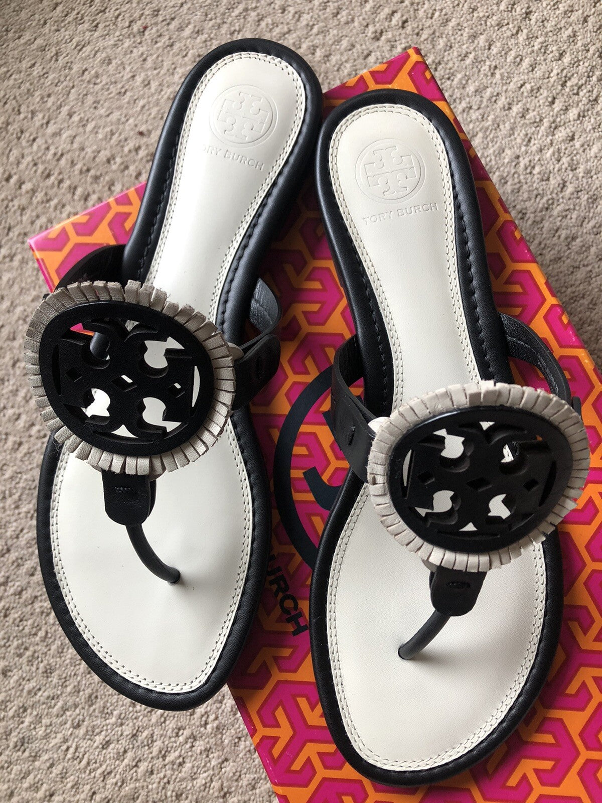 New Tory Burch Miller Fringe Size 7 White Leather Sandals eBay Item 197394542592
