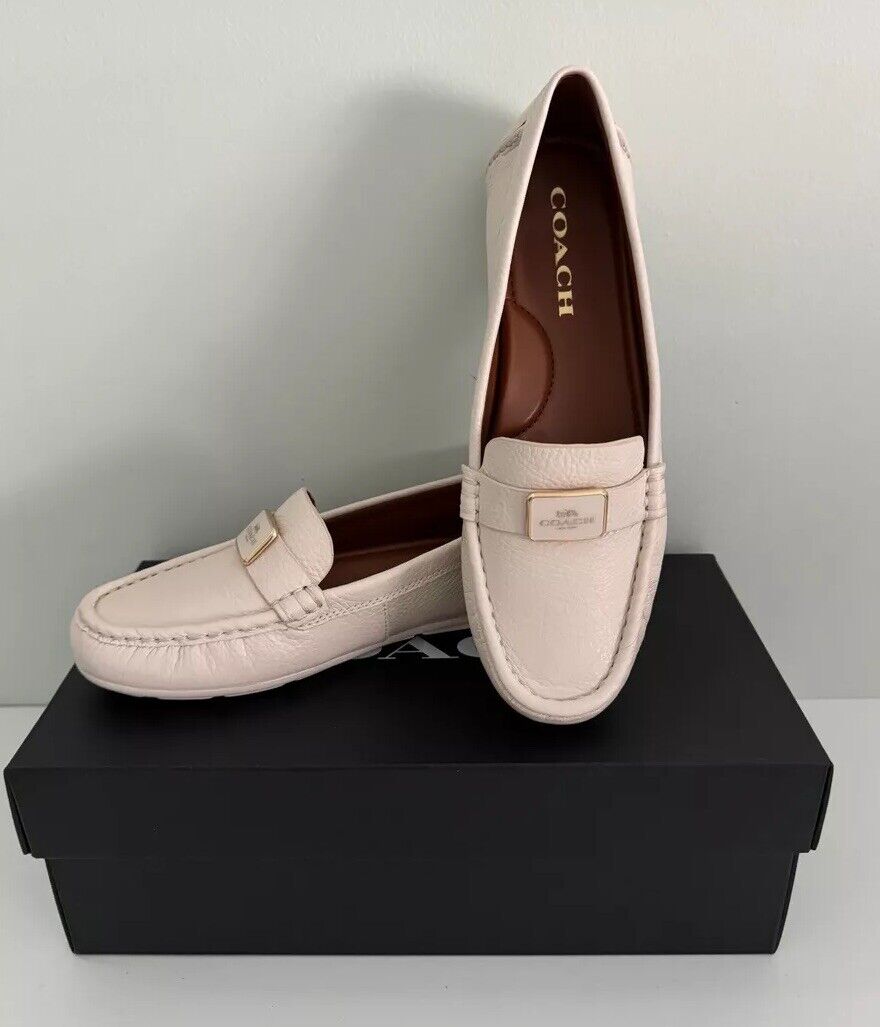 New In Box Coach Mona Leather Driver Loafers Moccasins Cream Ivory sz 6.5