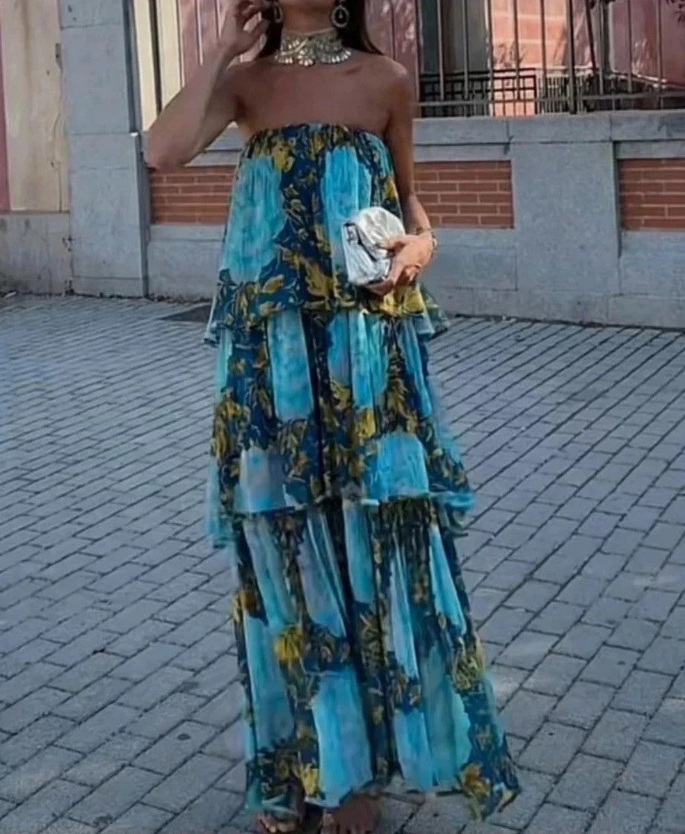 ZARA Strapless Dress ZW Collection Blue/yellow