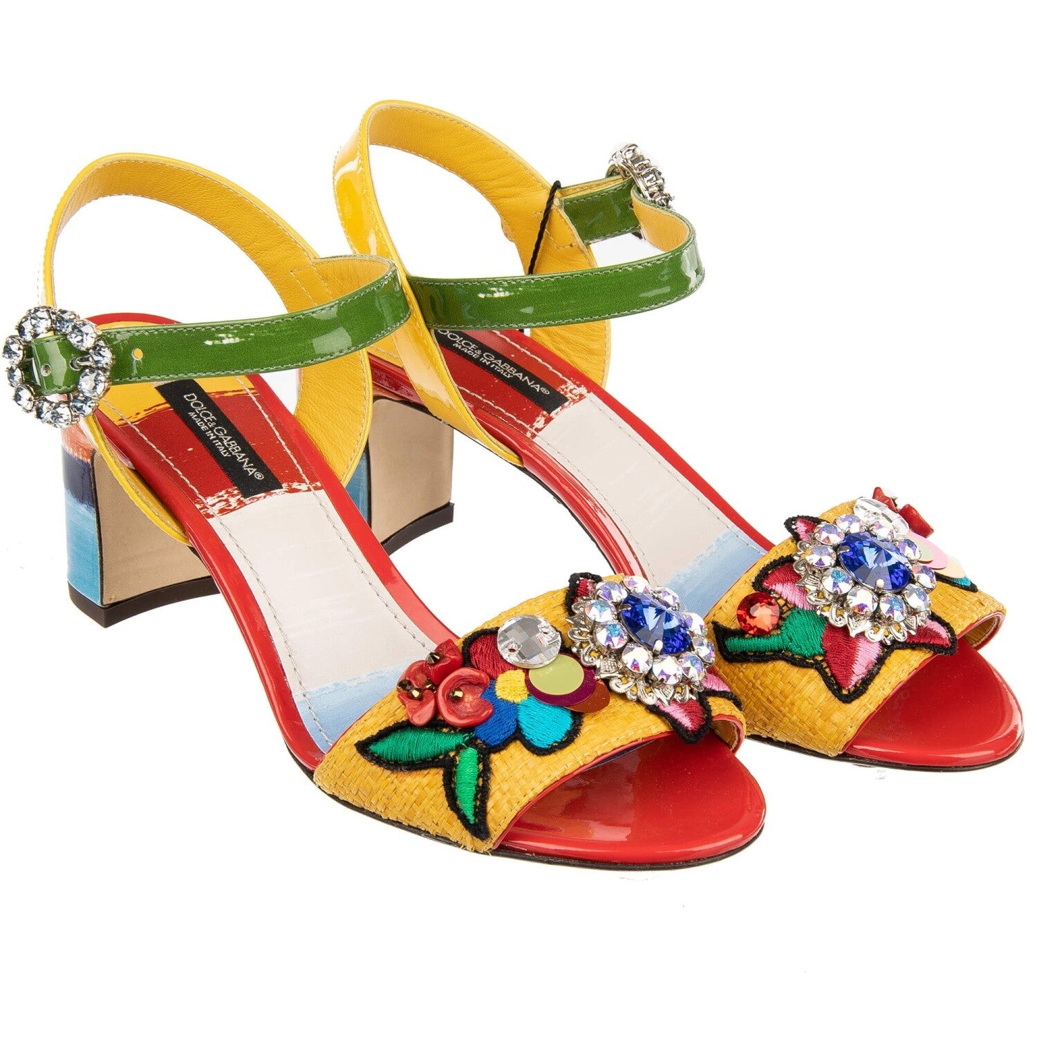 DOLCE & GABBANA Sandals Pumps KEIRA with Crystal Brooch Red Yellow Blue 09390