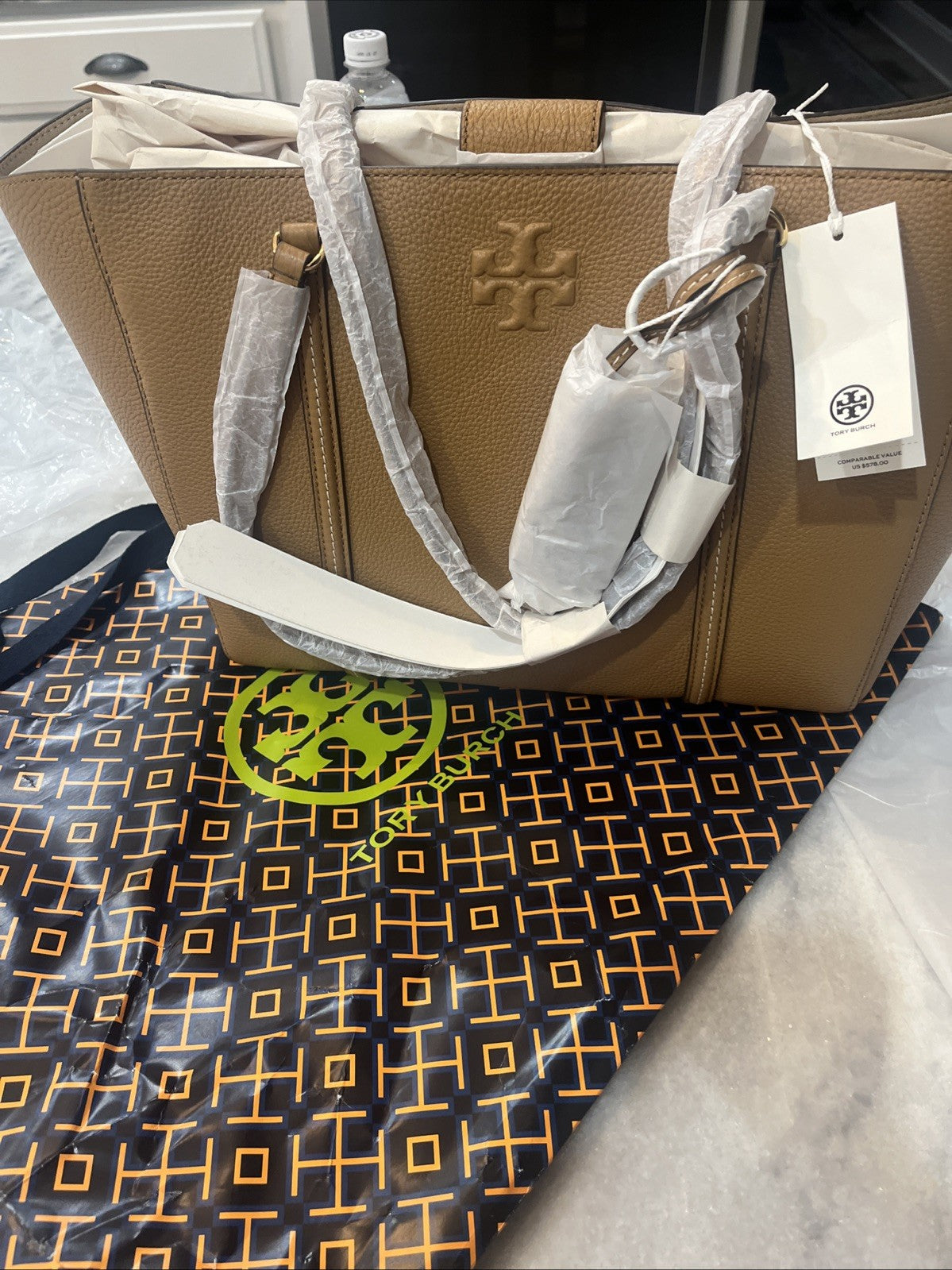 Tory Burch Thea Large Tote Bag Tiramisu color Leather Gold MSRP $578 fast ship eBay Item 187277081343