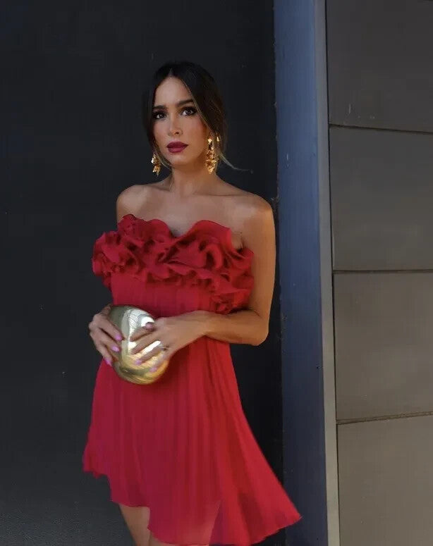 ZARA Pleated Ruffled Mini Dress Raspberry Dress Size S 3564/165 Christmas Party