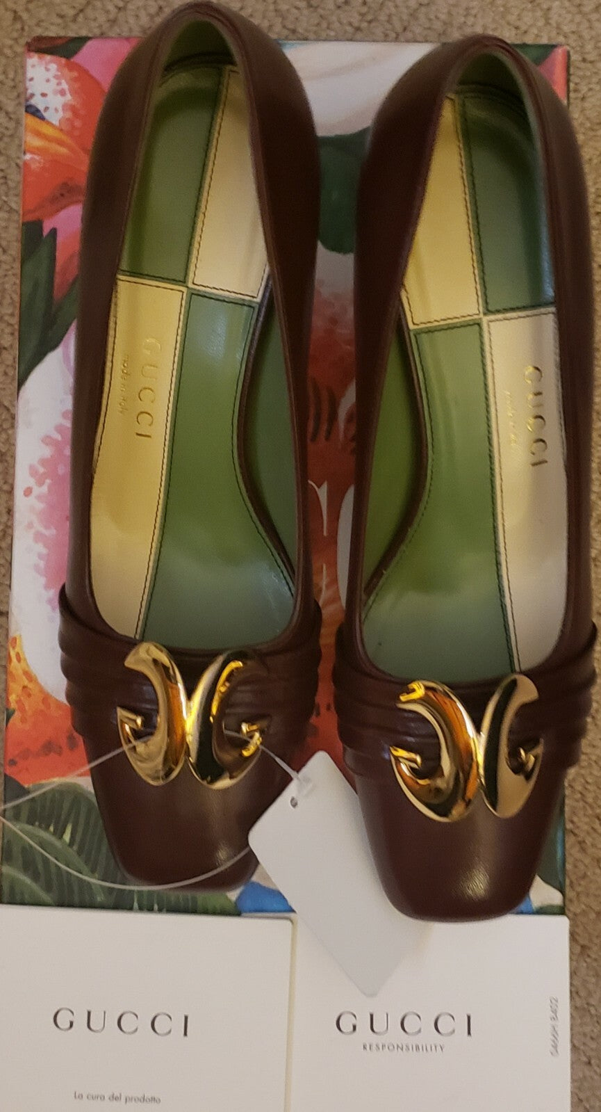 NWB Gucci Half Moon GG Malaga Kid Vintage Bordeaux Pumps 35 $898+