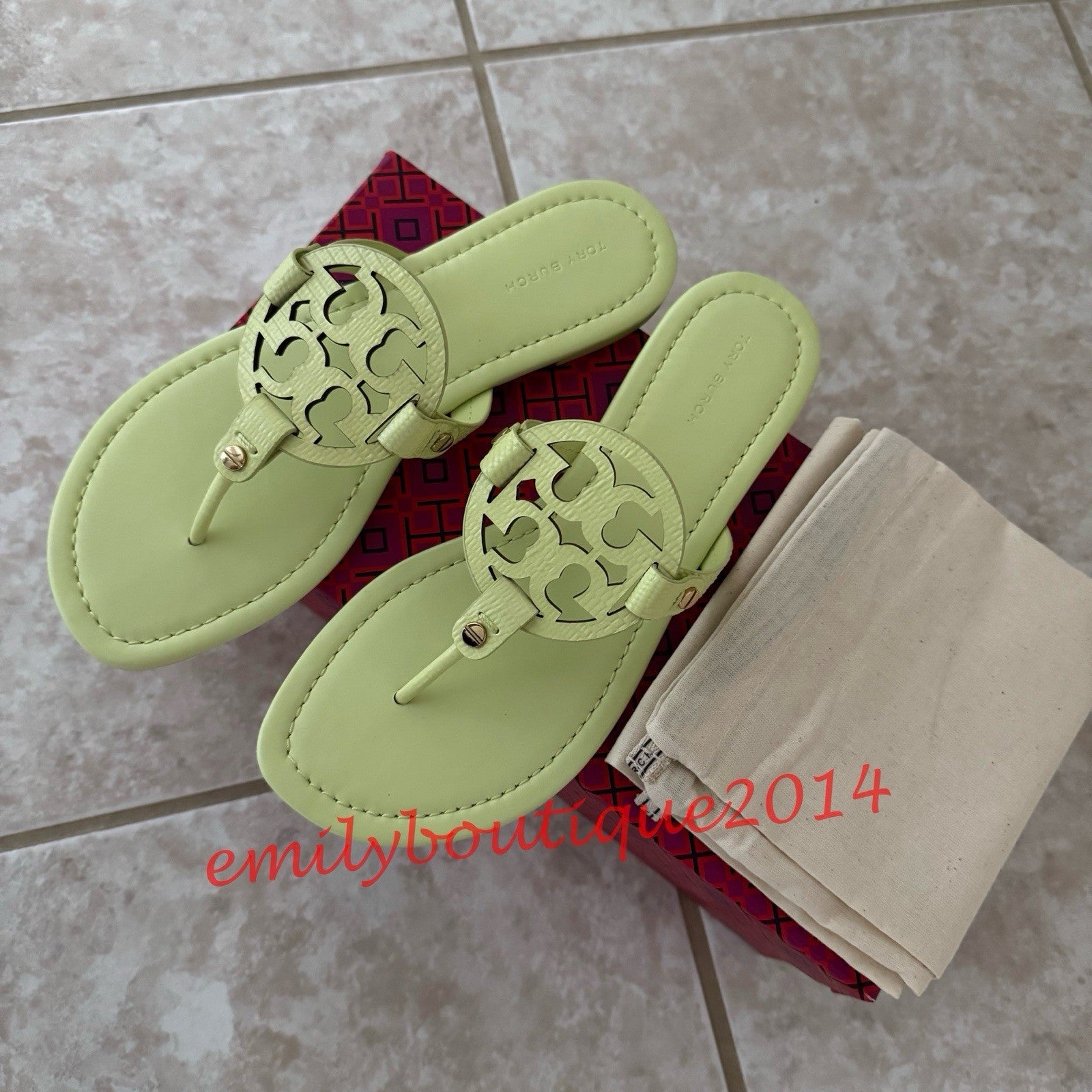 NIB Tory Burch Miller Size 8.5 Lime Leaf Embossed Leather Sandals Retail $198 eBay Item 226930988017