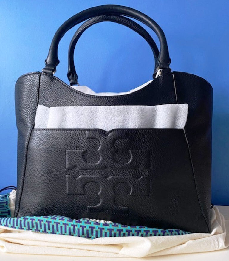 Tory Burch LARGE BLACK BOMBE T PEBBLE LEATHER SATCHEL TOTE w/DUST BAG-$525-NWT eBay Item 357190490992