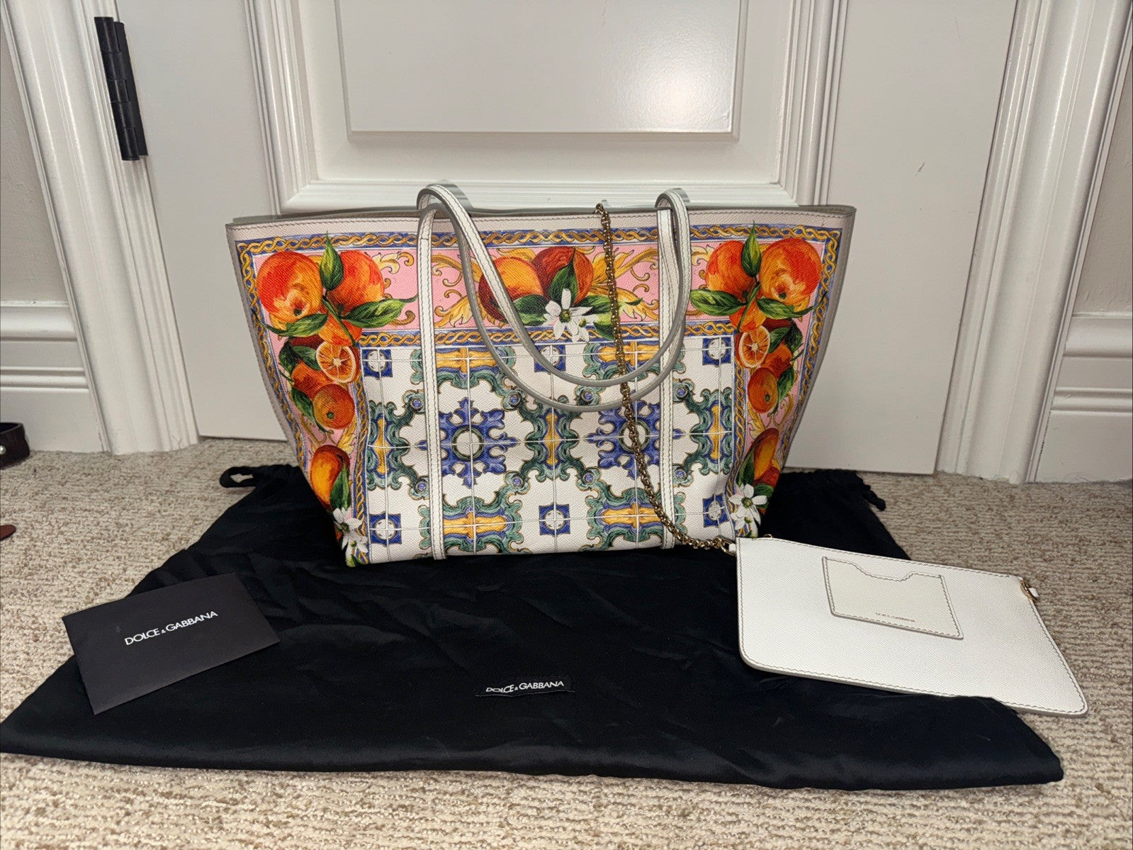 Dolce & Gabbana Womens Escape Print Orange Tiles Majolica Purse Tote Bag Leather