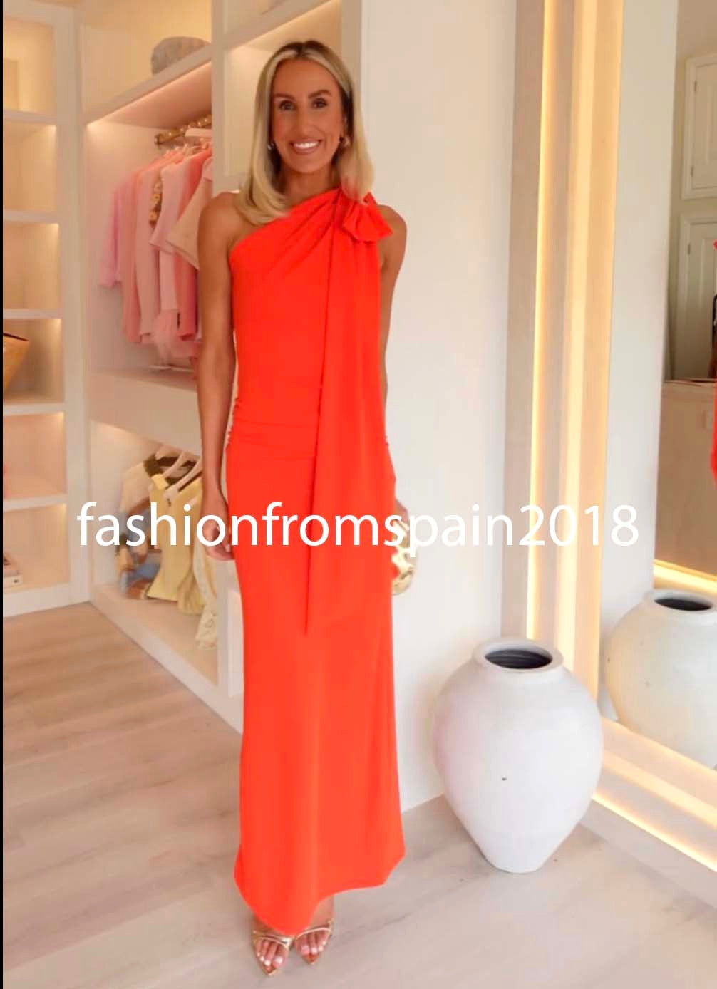 ZARA NEW WOMAN ASYMMETRIC NECK BOW OPEN BACK MAXI DRESS RED CORAL 3152/208/649