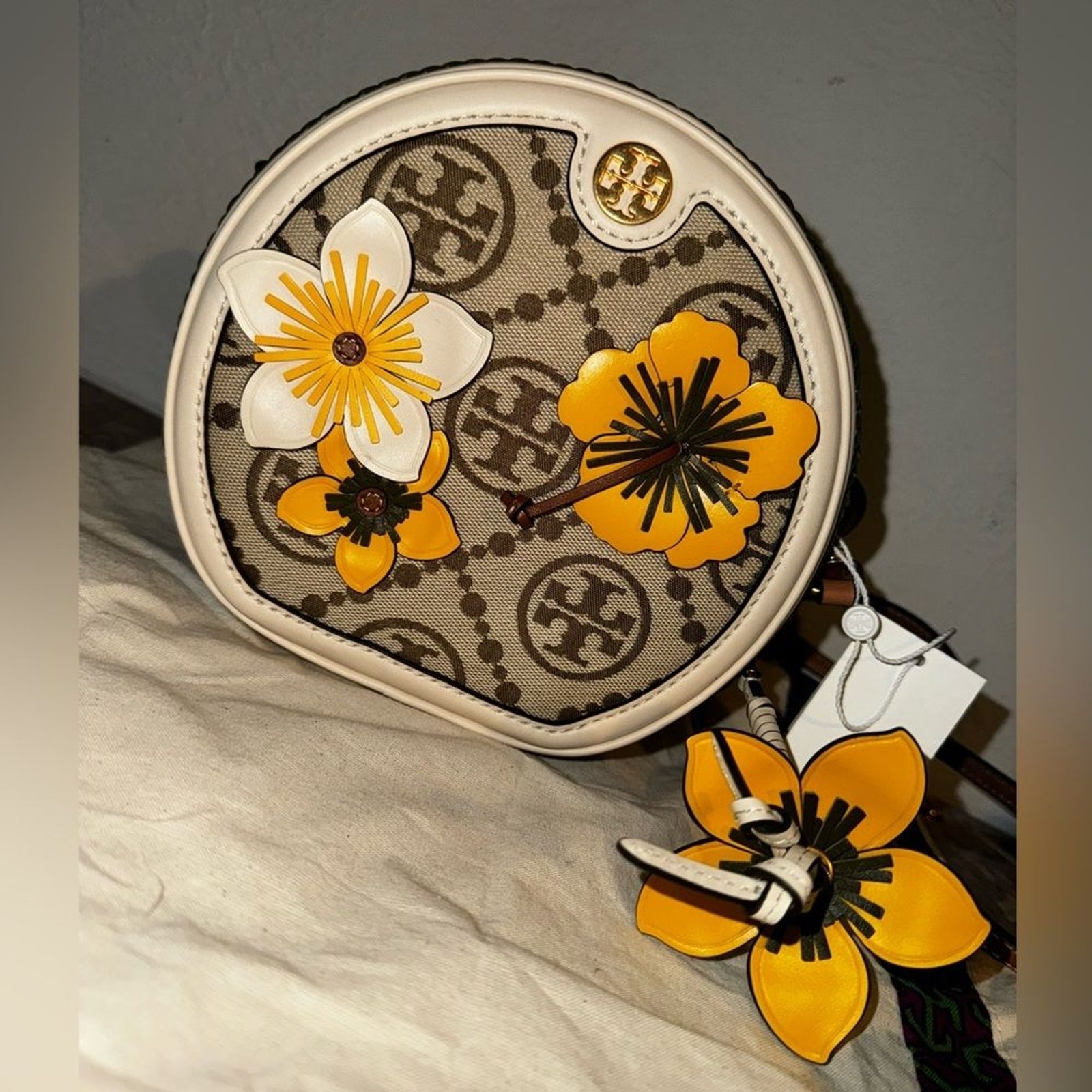 NWT Tory Burch T Monogram Braided Yellow Floral Moon Circle Crossbody Purse Bag eBay Item 116046331032