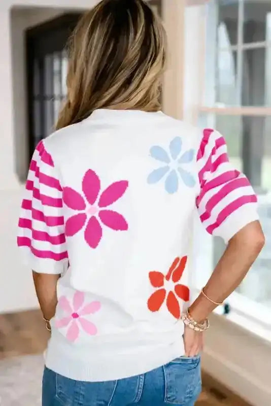 White Floral Knit T-Shirt
