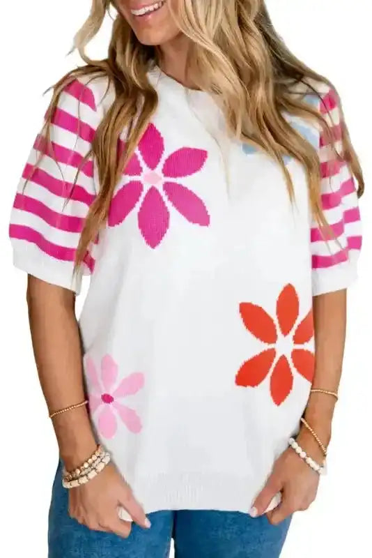 White Floral Knit T-Shirt