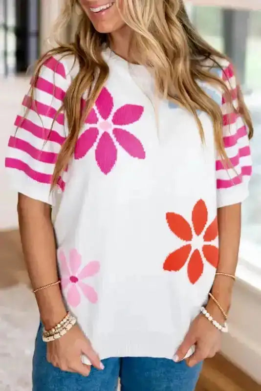 White Floral Knit T-Shirt