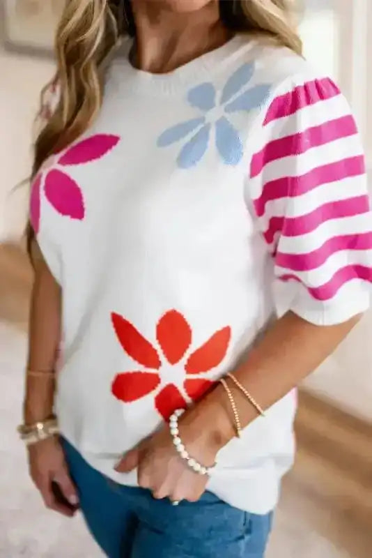 White Floral Knit T-Shirt